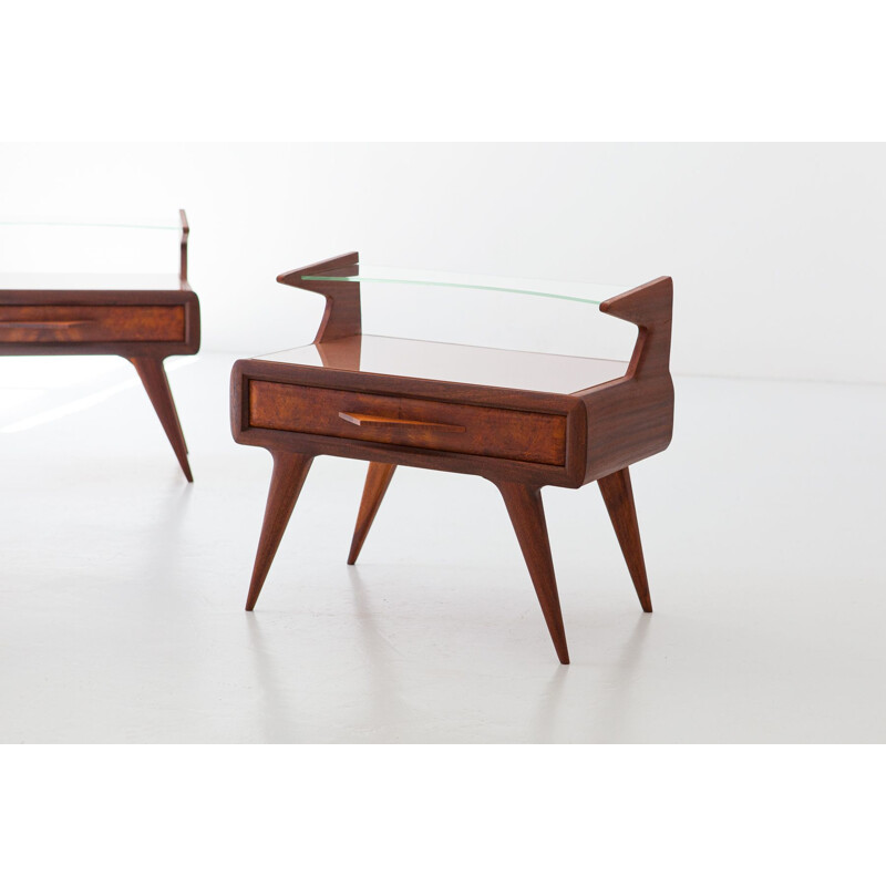 Pair of vintage Italian mahogany night stands with glass top, 1950s