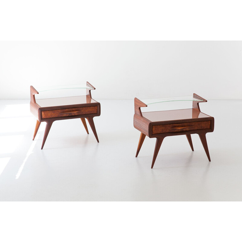 Pair of vintage Italian mahogany night stands with glass top, 1950s
