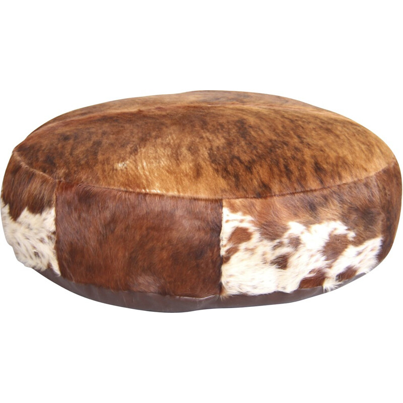 Pouf vintage en peau de vache et skaï brun - 1970