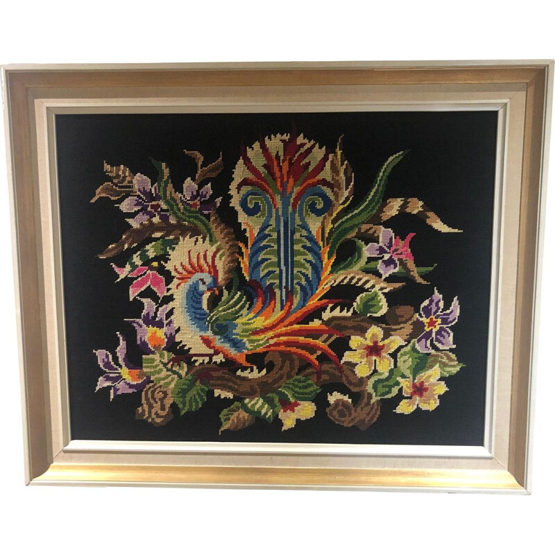 Framed vintage rooster tapestry, 1970