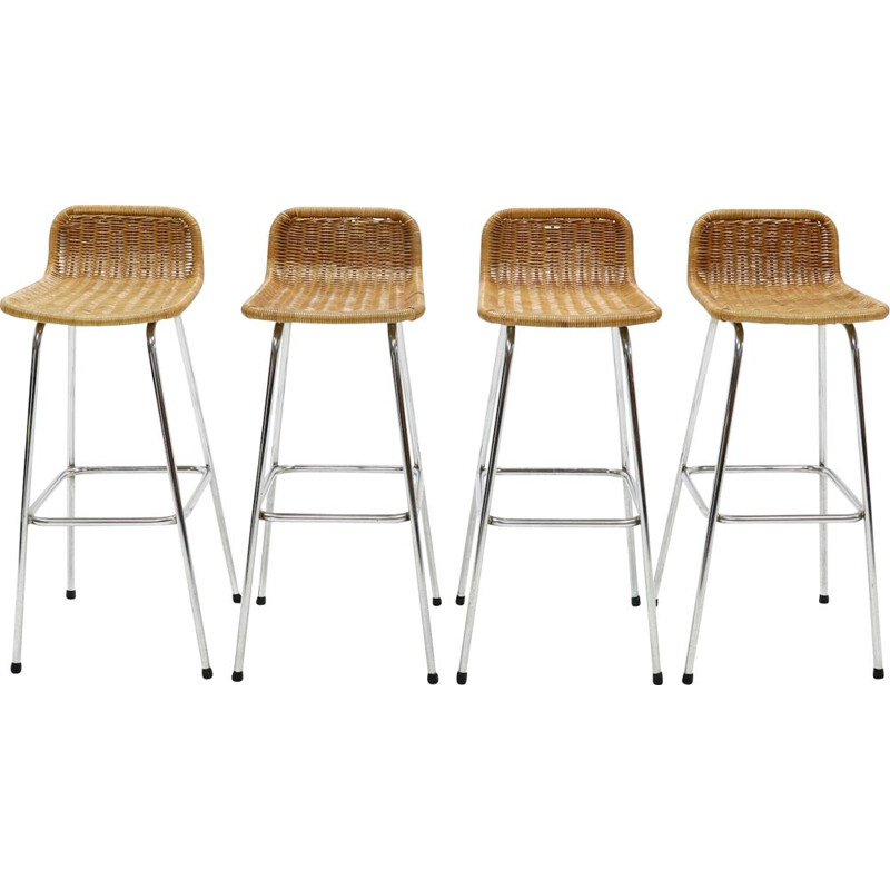 Set of 4 vintage chromed steel and rattan bar stools by Rohé Noordwolde, 1960s