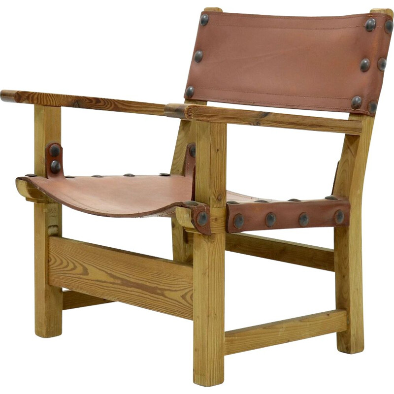 Vintage Brutalistische fauteuil in grenen en cognac leer, 1960