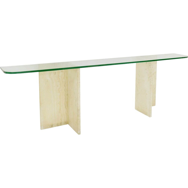 Italian vintage travertine and glass top console table, 1970s