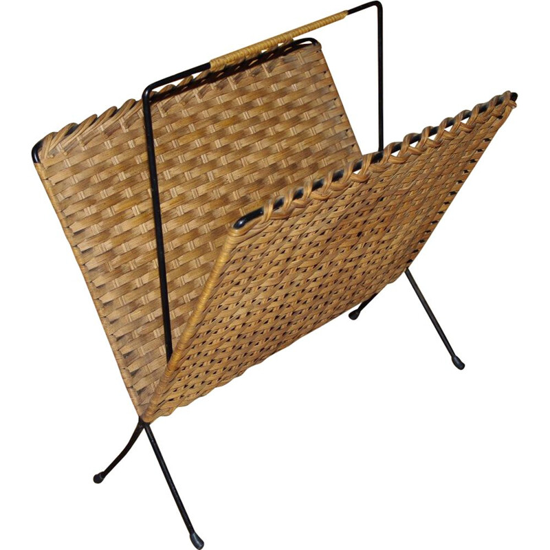 Vintage wrought iron and woven wicker magazine rack, 1960