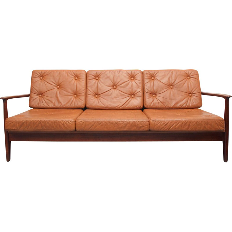 Vintage sofabed in teak and leather, 1960s