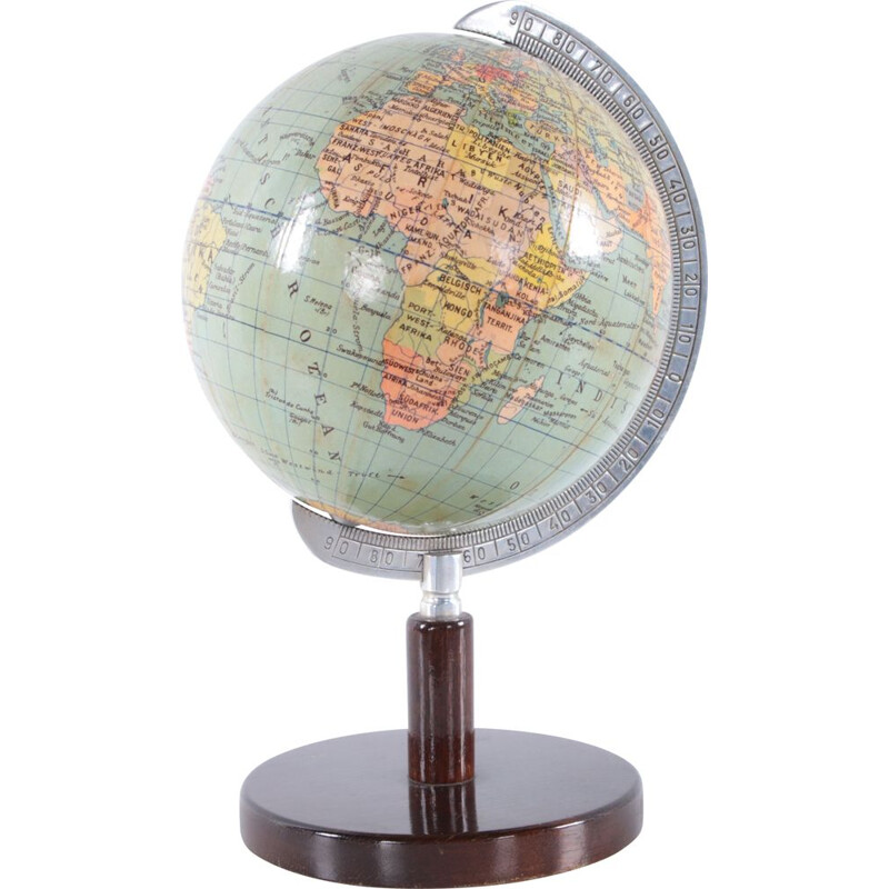 Vintage mini globe Columbus on wooden base by Paul Oestergaard, Germany 1950s