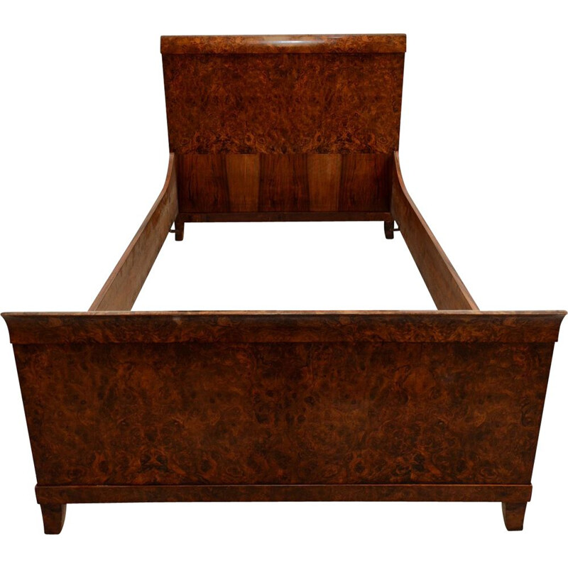 Art Deco vintage bed in burl walnut, France 1920s