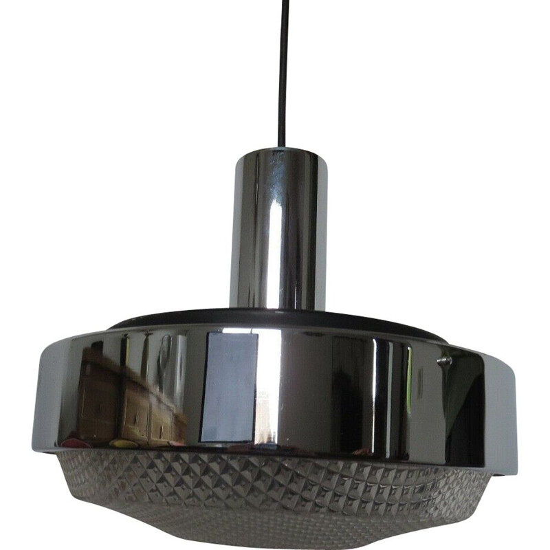 Vintage chrome-plated metal and perspex pendant lamp, France 1970