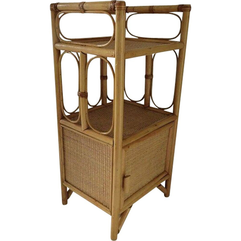 Vintage night stand in rattan, bamboo and leather, 1960-1970