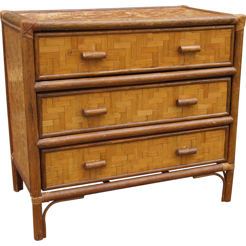 Vintage wood and rattan chest of drawers, 1960