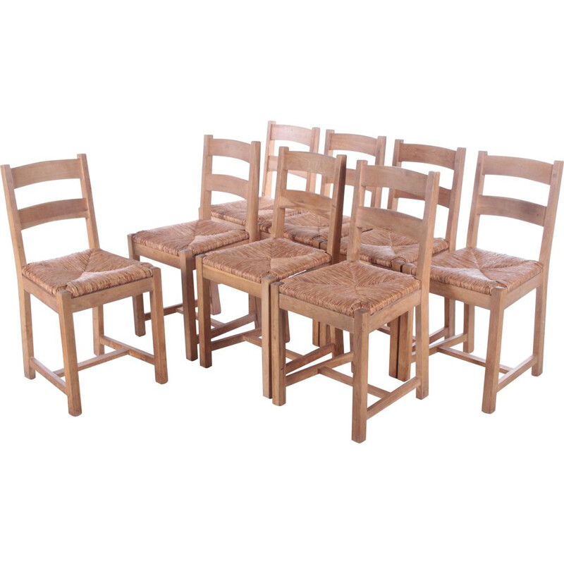 Conjunto de 8 cadeiras de cozinha de carvalho dinamarquês vintage com assento de vime, 1970