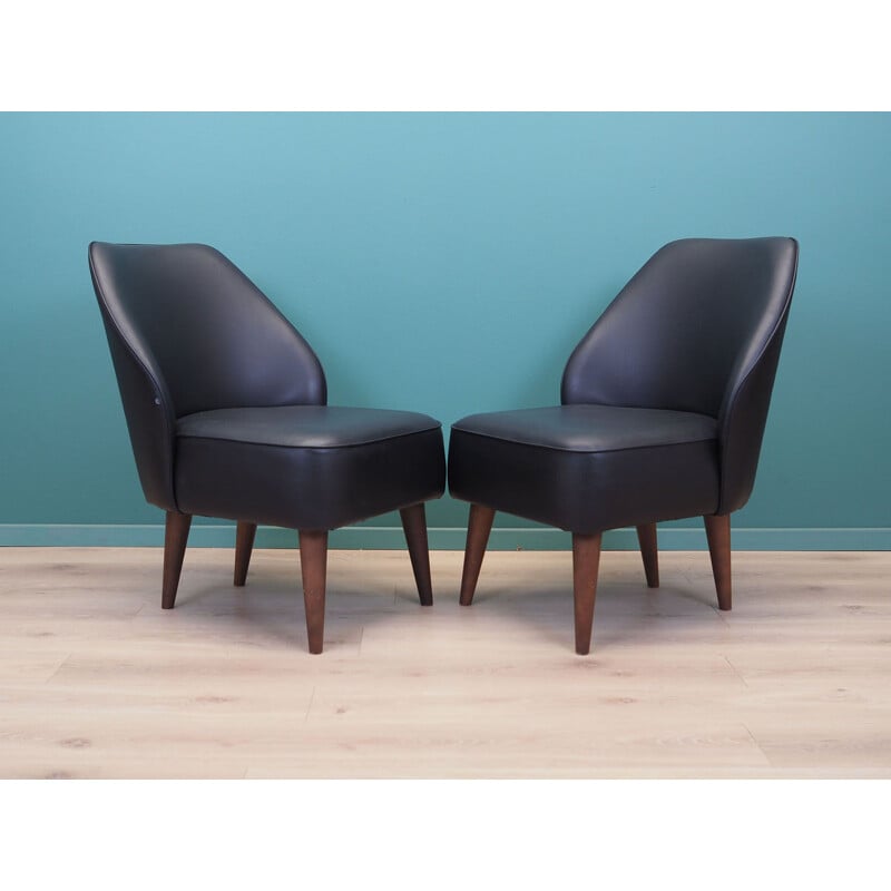Pair of vintage leather and wood armchairs, Denmark 1990