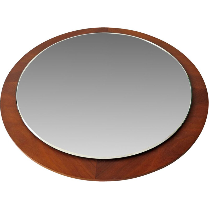 Vintage round wooden frame mirror, 1970s