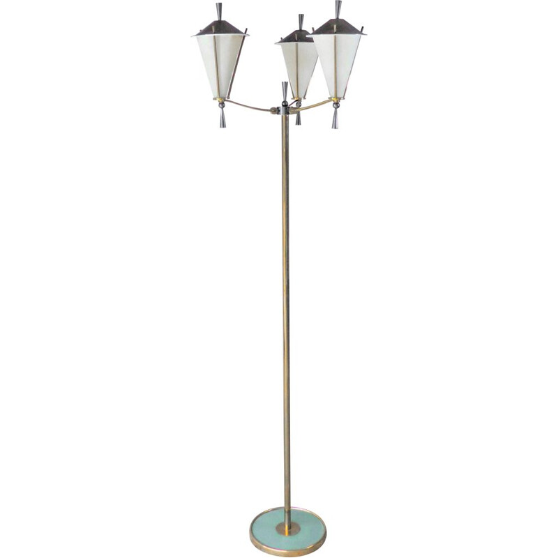 Lámpara de pie vintage de 3 luces en latón dorado de Arlus, 1950