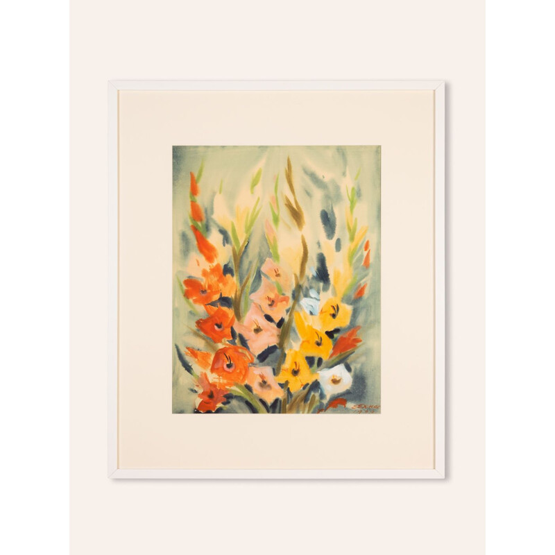 Watercolor on paper vintage ash wood frame "Gladiolus" by Erwin Exner, 1960