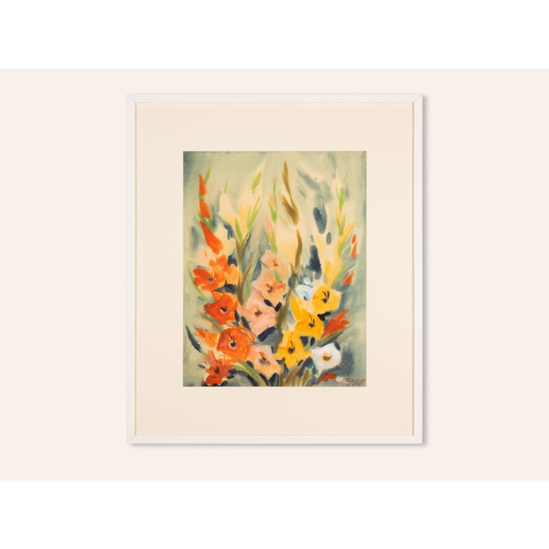 Watercolor on paper vintage ash wood frame "Gladiolus" by Erwin Exner, 1960