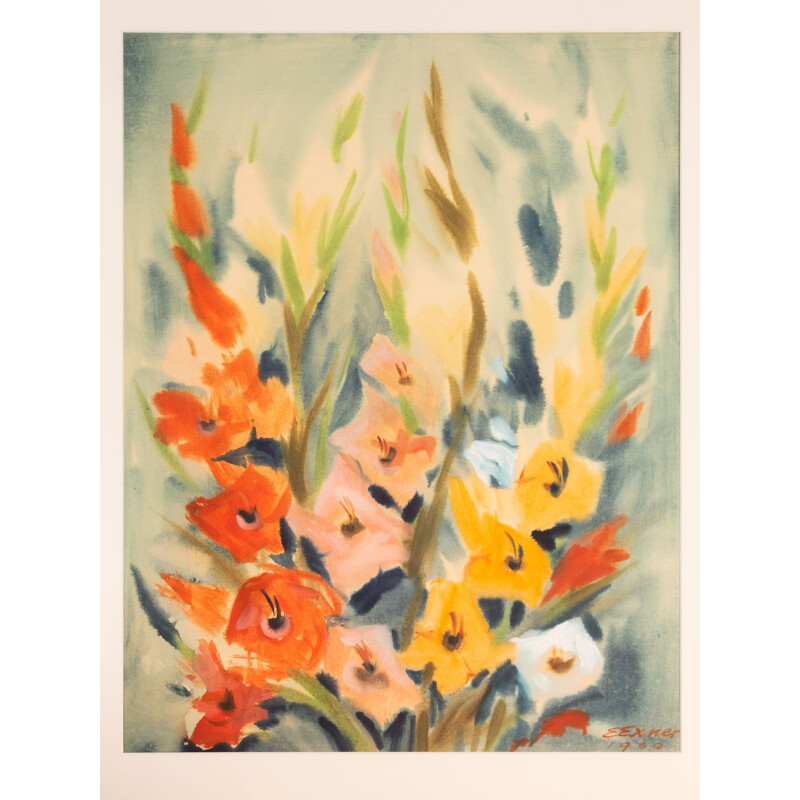 Watercolor on paper vintage ash wood frame "Gladiolus" by Erwin Exner, 1960