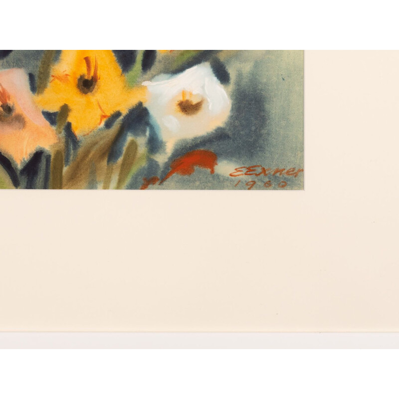 Aguarela sobre papel de vindima com moldura de madeira de freixo "Gladiolus" de Erwin Exner, 1960