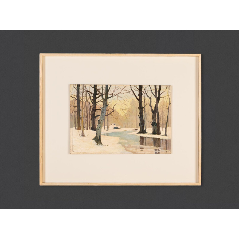 Huile sur plaque vintage cadre en bois de frêne "Winterwald"