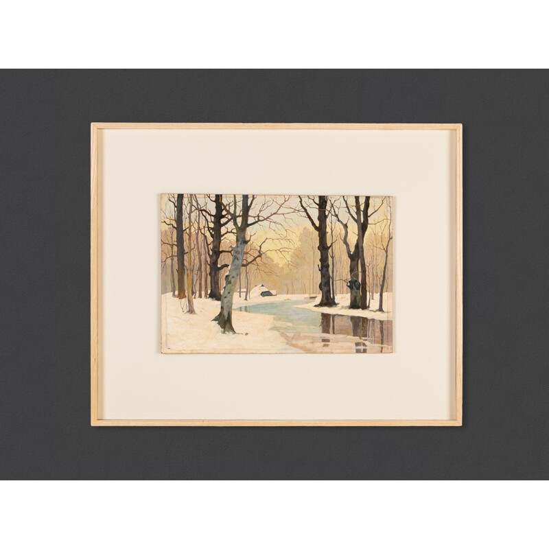 Oil on vintage plate with ash wood frame "Winterwald".