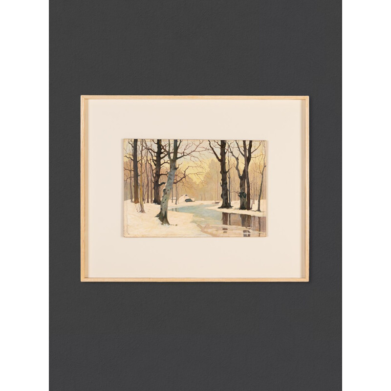 Oil on vintage plate with ash wood frame "Winterwald".