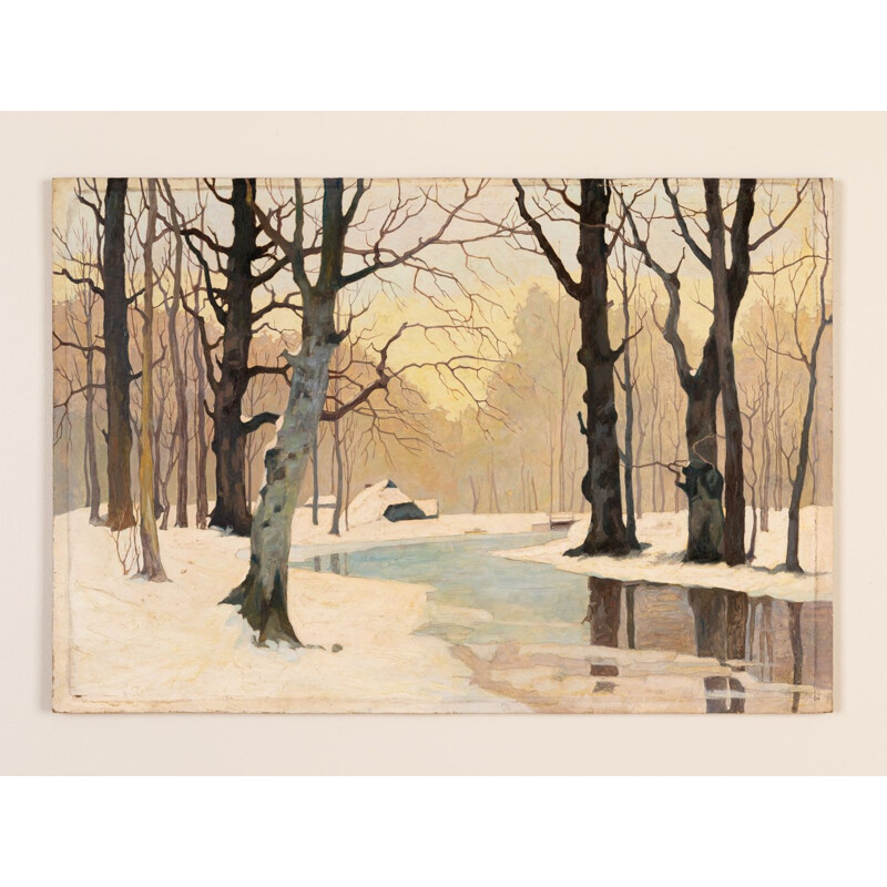 Óleo sobre placa vintage con marco de madera de fresno "Winterwald".