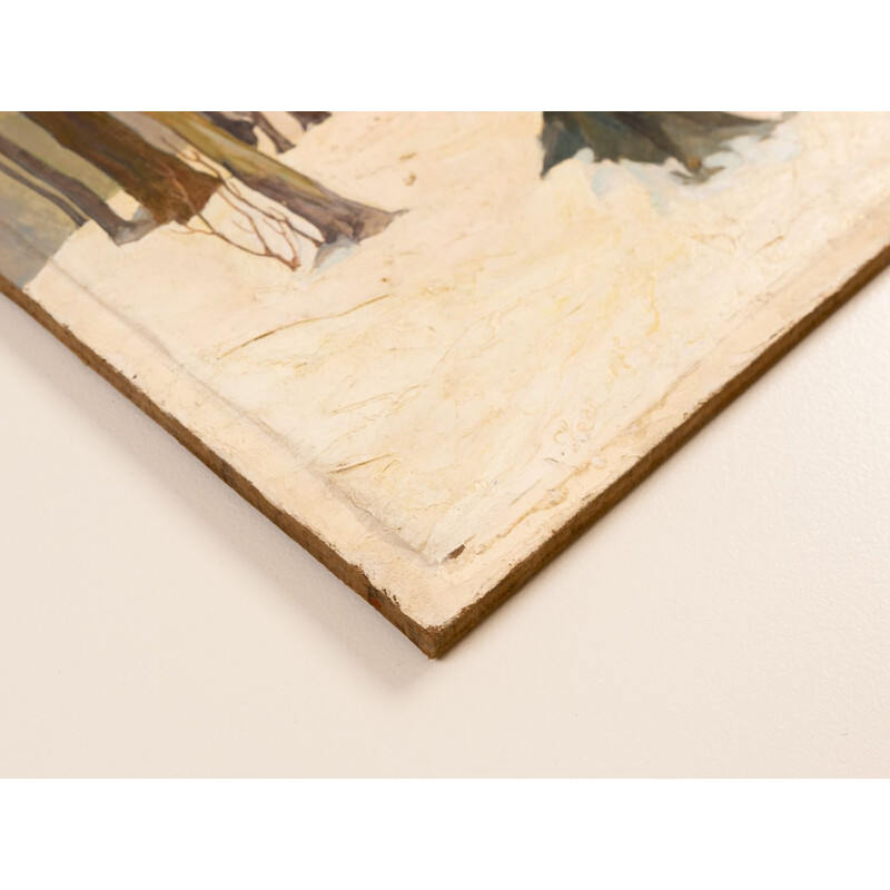 Huile sur plaque vintage cadre en bois de frêne "Winterwald"