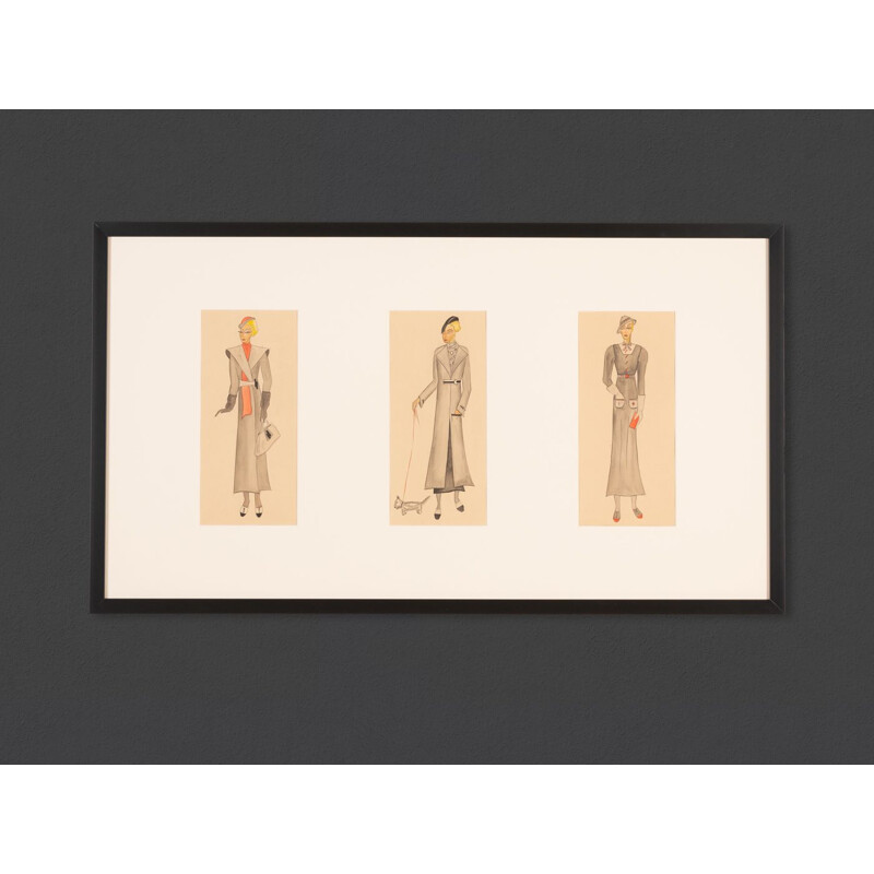 Gouache sobre papel art déco vintage "Ilustración de moda" enmarcado en madera, 1920