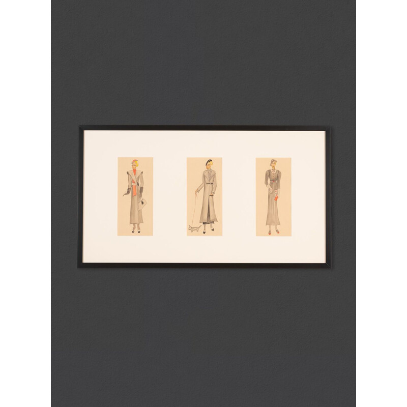 Gouache op vintage art deco papier "Mode Illustratie" ingelijst in hout, 1920