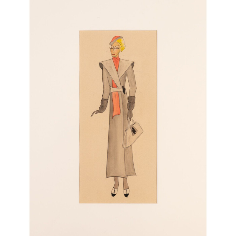 Gouache em papel art deco vintage "Fashion Illustration" emoldurado em madeira, 1920