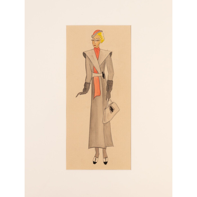 Gouache op vintage art deco papier "Mode Illustratie" ingelijst in hout, 1920