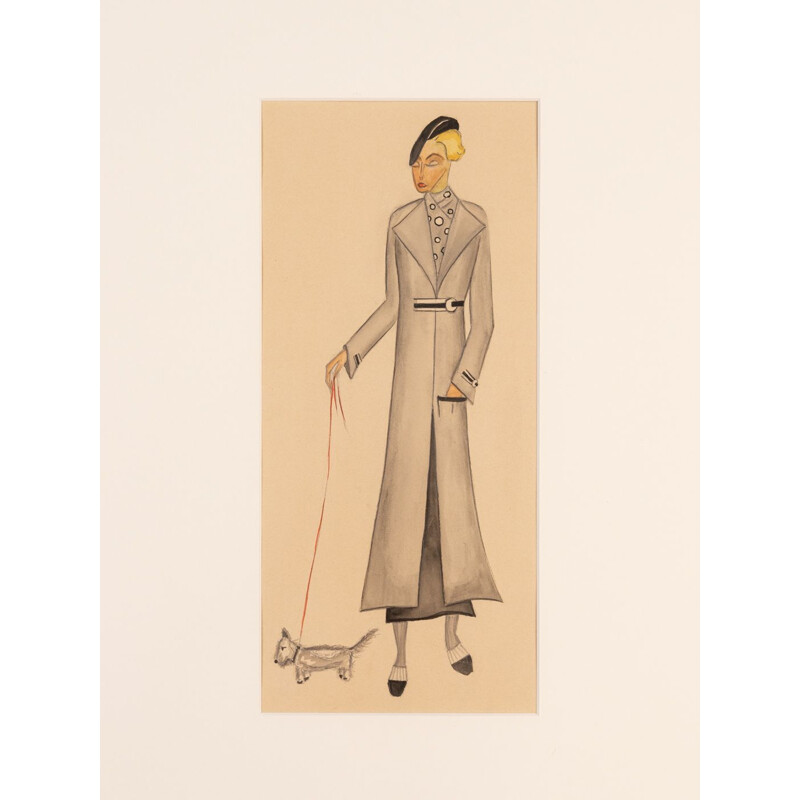 Gouache em papel art deco vintage "Fashion Illustration" emoldurado em madeira, 1920