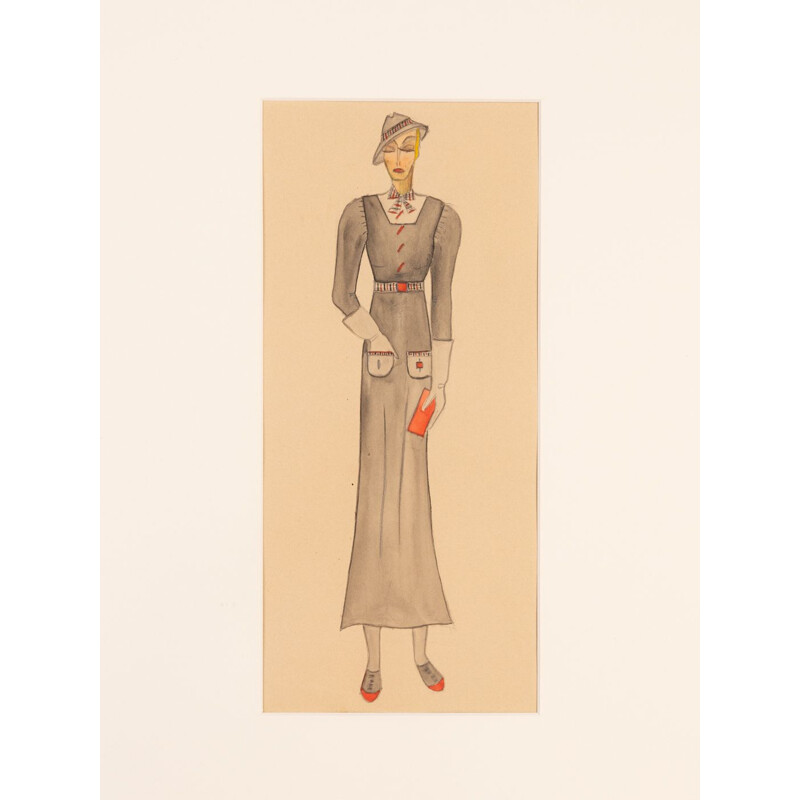 Gouache em papel art deco vintage "Fashion Illustration" emoldurado em madeira, 1920