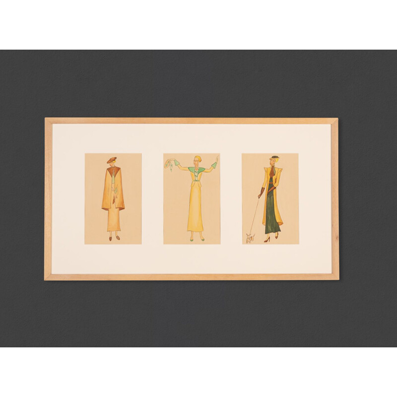 Gouache on vintage art deco paper with ash wood frame "Fashion illustration", 1920