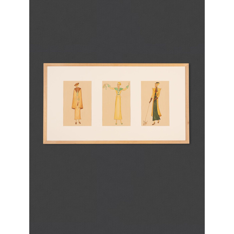 Gouache on vintage art deco paper with ash wood frame "Fashion illustration", 1920