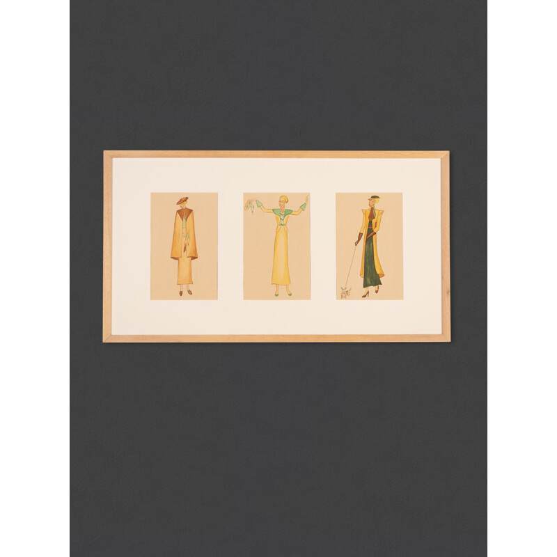 Gouache sobre papel art déco vintage con marco de madera de fresno "Ilustración de moda", 1920