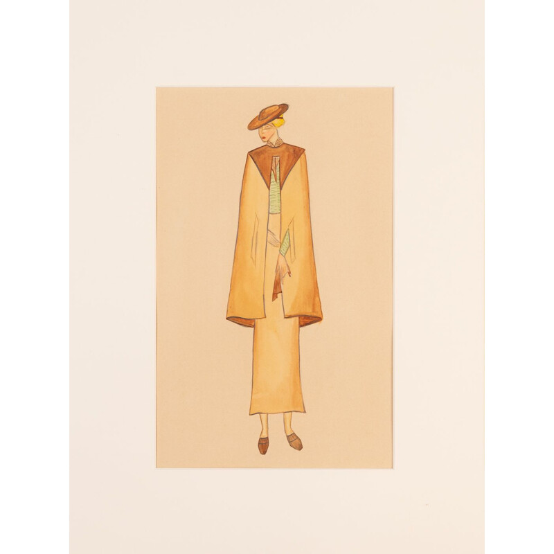 Gouache em papel art deco vintage com moldura de madeira de freixo "Fashion illustration", 1920