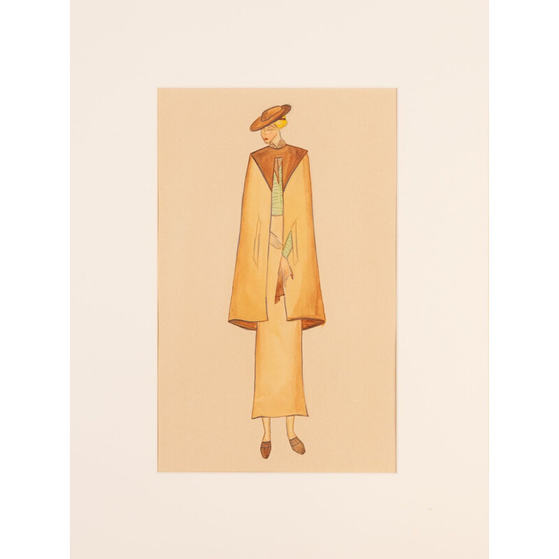 Gouache su carta vintage art déco con cornice in legno di frassino "Illustrazione di moda", 1920