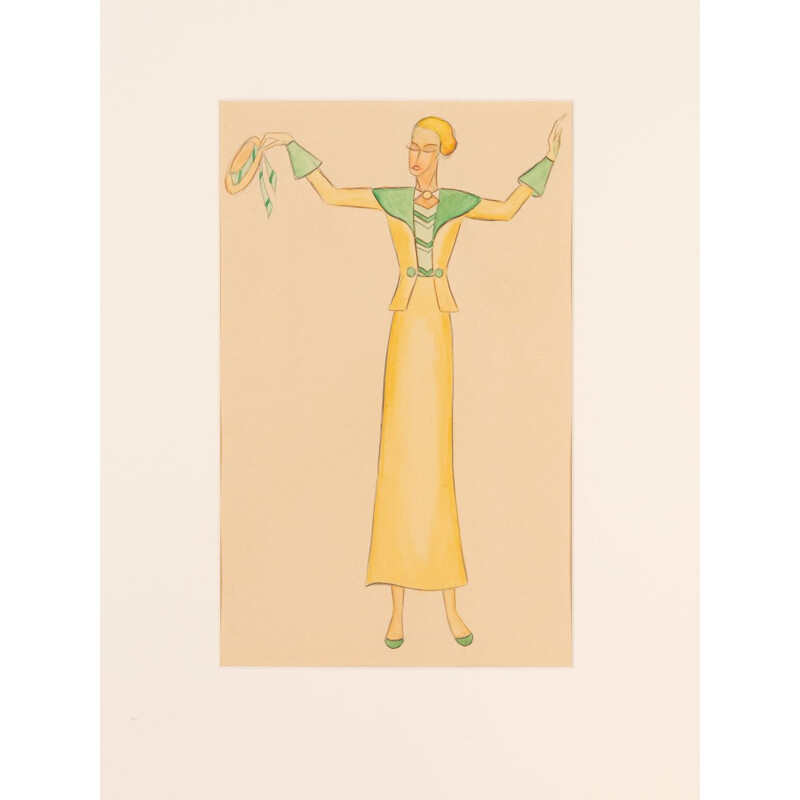 Gouache op vintage art deco papier met essenhouten lijst "Mode illustratie", 1920