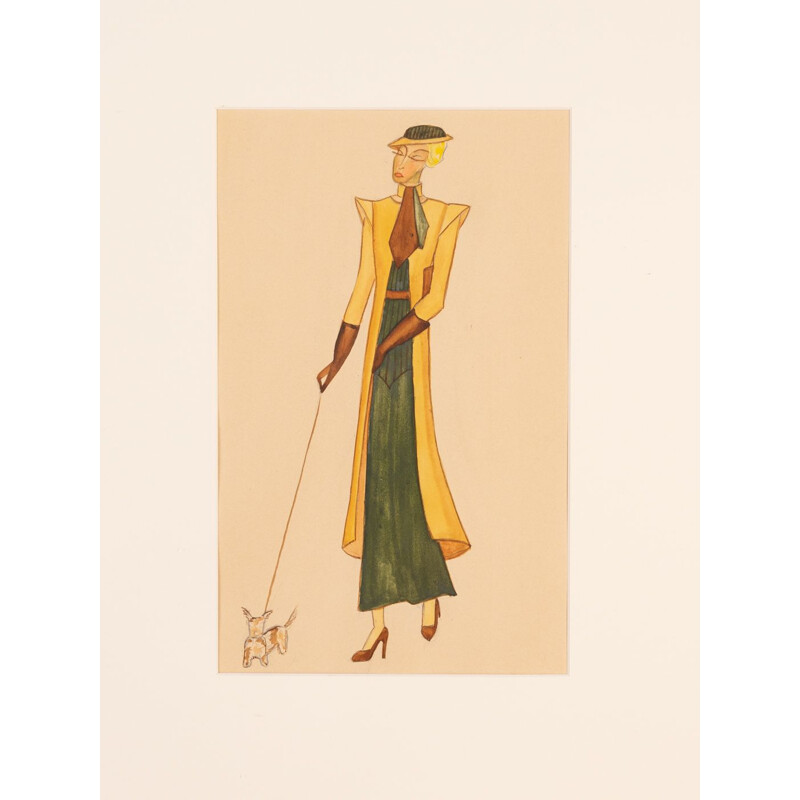 Gouache on vintage art deco paper with ash wood frame "Fashion illustration", 1920