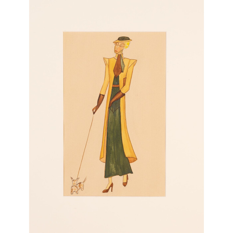 Gouache sobre papel art déco vintage con marco de madera de fresno "Ilustración de moda", 1920