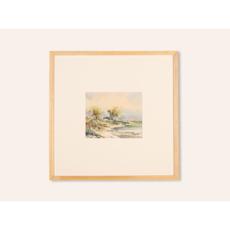 Watercolor on paper vintage ash wood frame "By the River