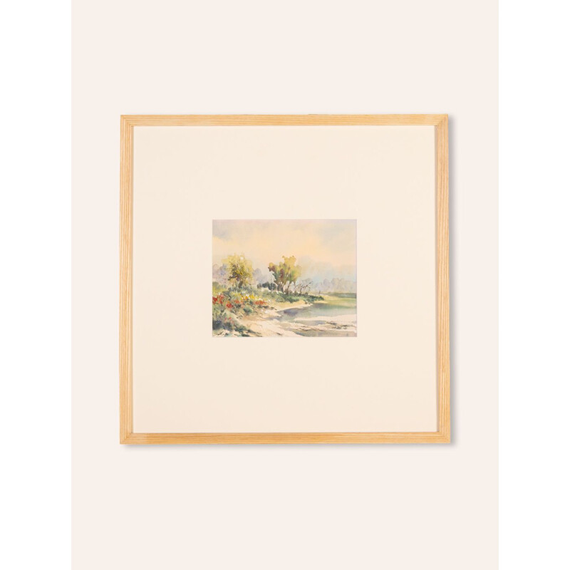 Watercolor on paper vintage ash wood frame "By the River