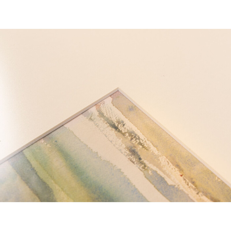 Acuarela sobre papel vintage con marco de madera de fresno "Junto al río".