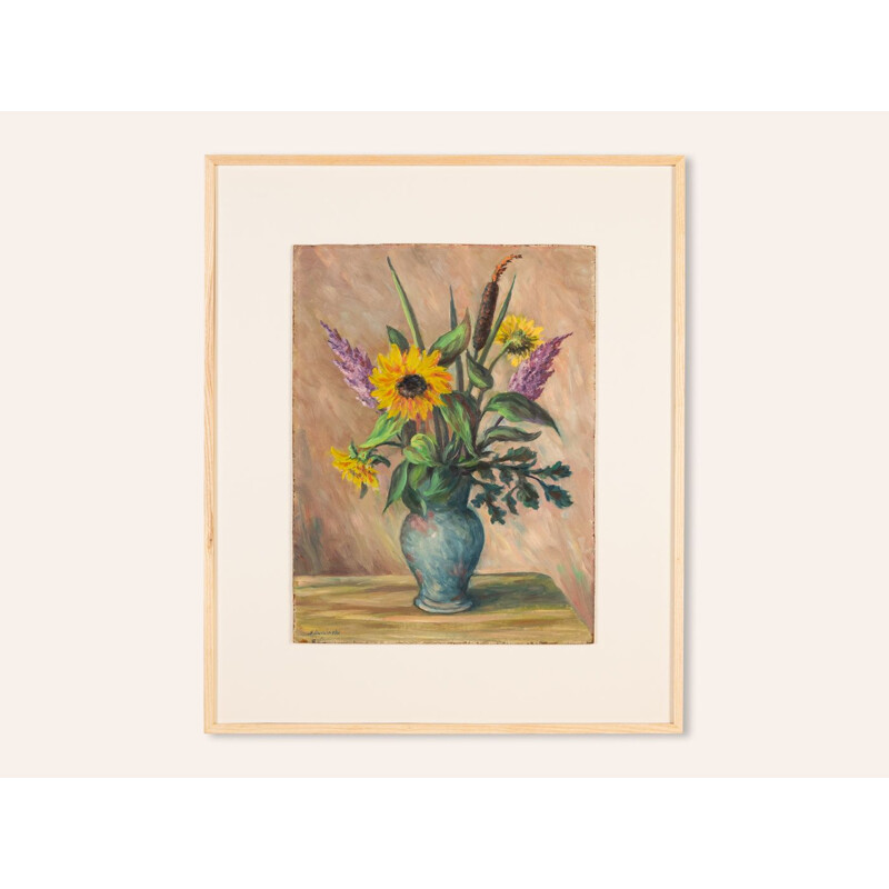 Huile sur plaque vintage "Bouquet de Fleurs Eté"