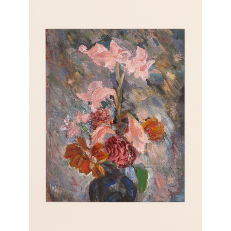 Acryl auf Vintage-Karton "Blumen in Pastell", 1940