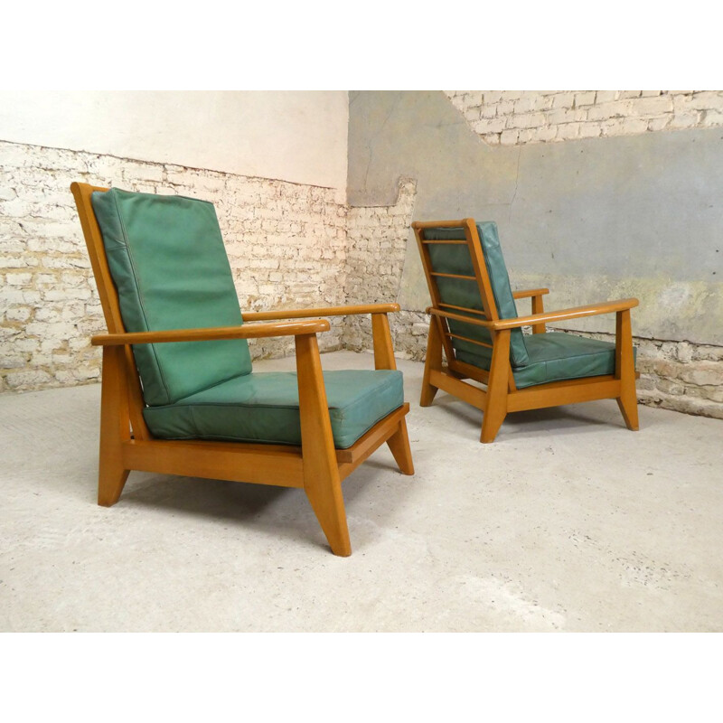 Paire de fauteuils à système vintage en cuir vert, 1940-1950