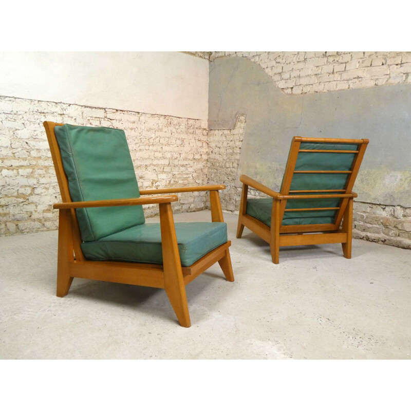 Pair of vintage green leather system armchairs, 1940-1950