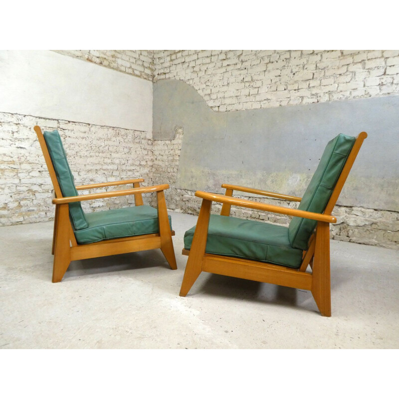 Paar vintage groen lederen fauteuils, 1940-1950