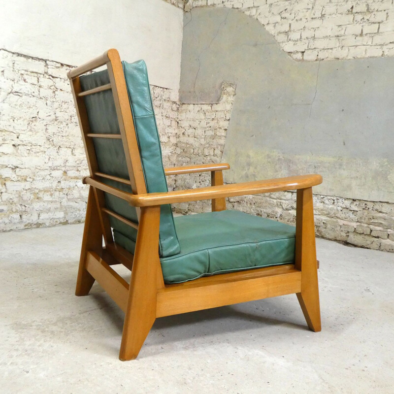 Pair of vintage green leather system armchairs, 1940-1950